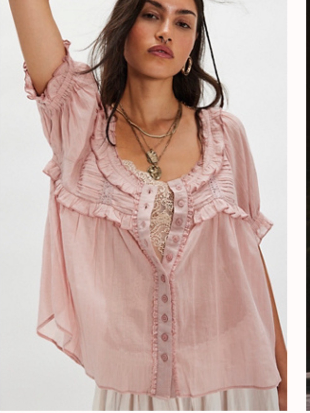 Free People Sweet Nothings Light Pink Ruffle Front Button Women's Blouse